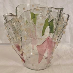Vintage Art Glass Clear Pink Green Texture Vase Rare Unique 7" Tall